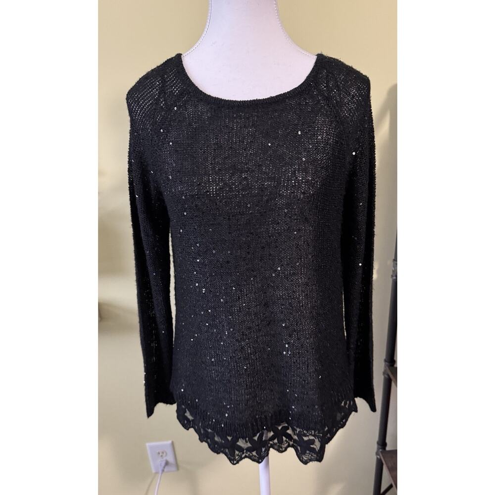 Katsumi Long Sleeve‎ Knit Sequined Tunic Top Black High low hem lace size M